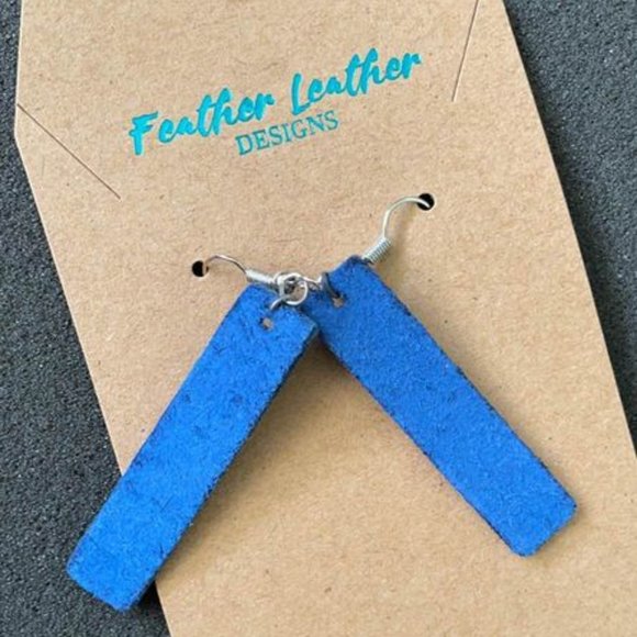 Cobalt Blue Rectangular Smooth Leather Earrings 1 - Picture 2 of 3